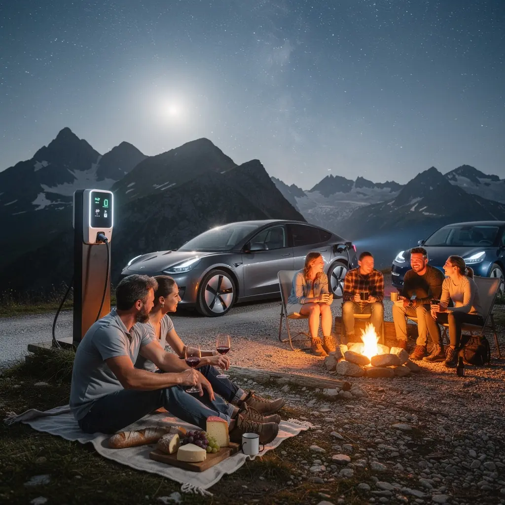 Touristen genieГџen die Landschaft wГ¤hrend das Elektroauto auflГ¤dt.