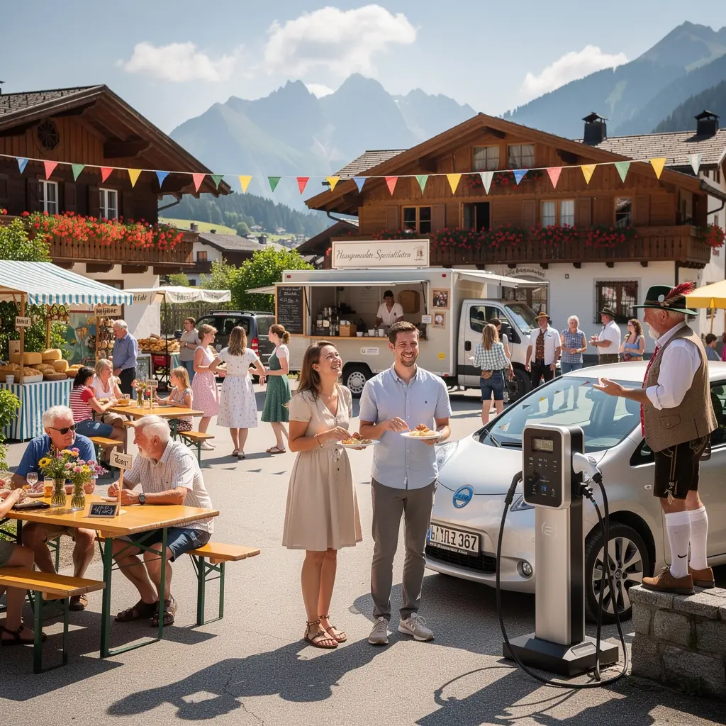 Moderne Ladestation inmitten einer idyllischen Berglandschaft.