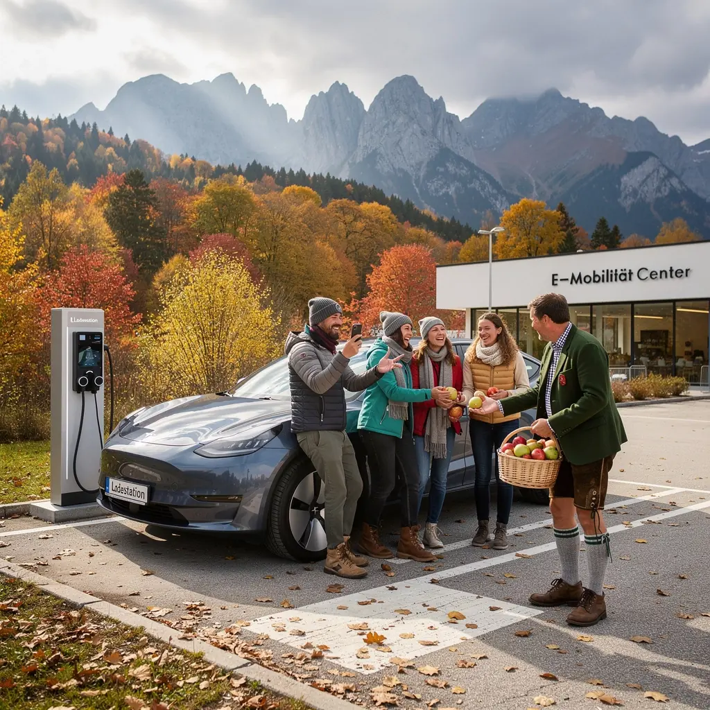 Elektrofahrzeug vor einer atemberaubenden Alpenkulisse beim Laden.