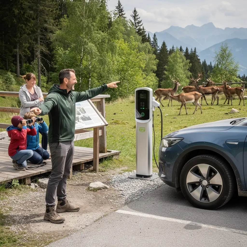 Schilder fГјr Elektroauto-Ladestationen entlang einer beliebten Touristenroute.