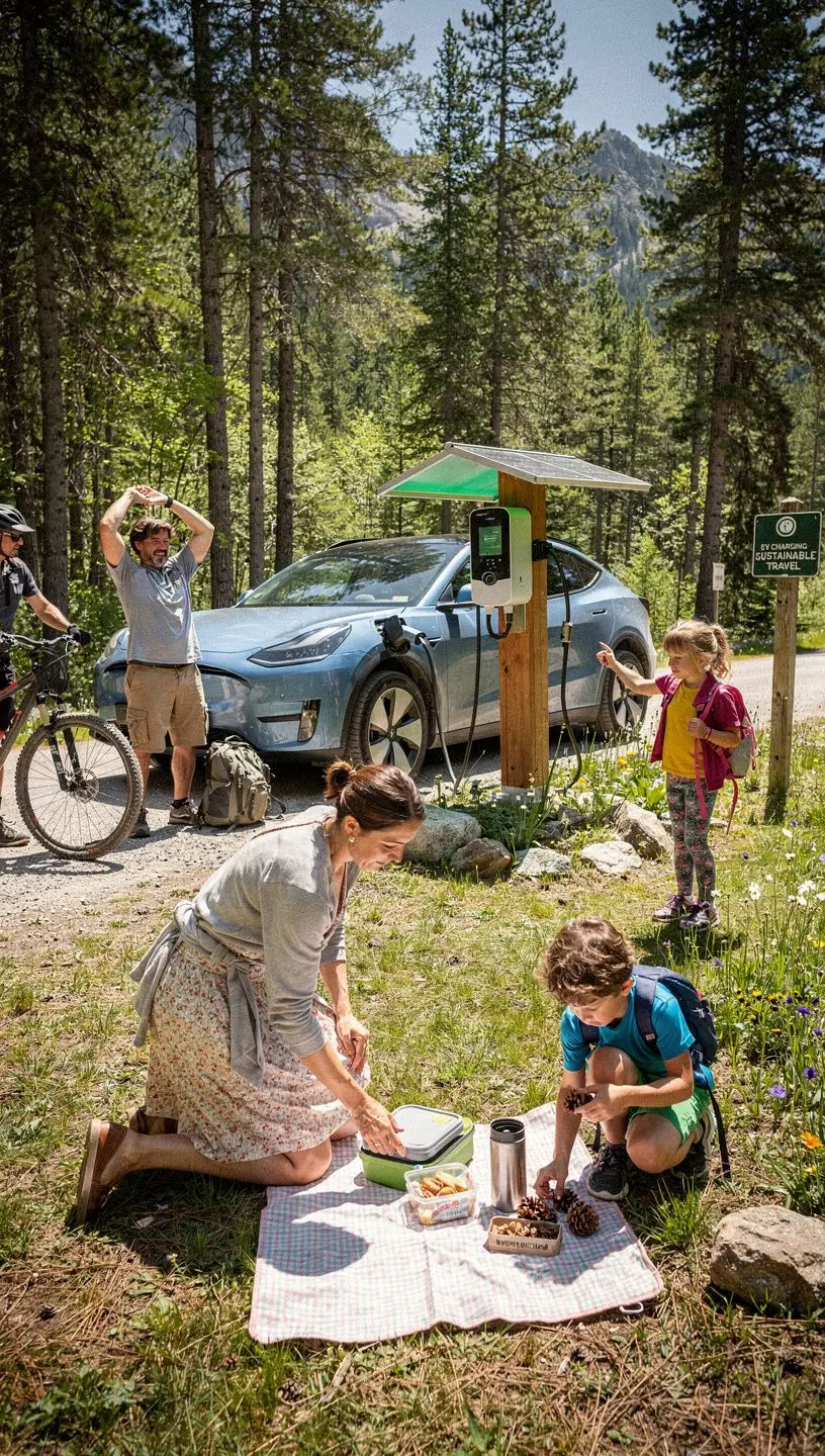 Moderne Elektroautos parken an einem stilvollen Ladepunkt in den österreichischen Alpen.