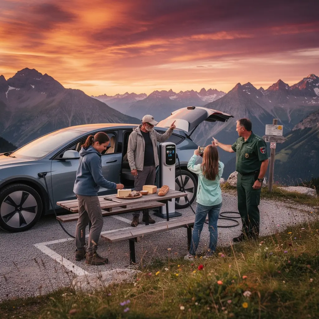 Wanderer laden ihre Elektrofahrzeuge an einer idyllischen Station in den Bergen auf.