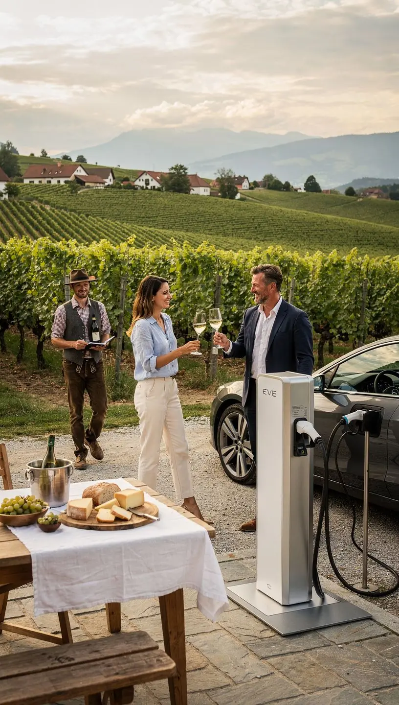 Ladestation fГјr Elektrofahrzeuge mit Blick auf die majestГ¤tischen Alpen.