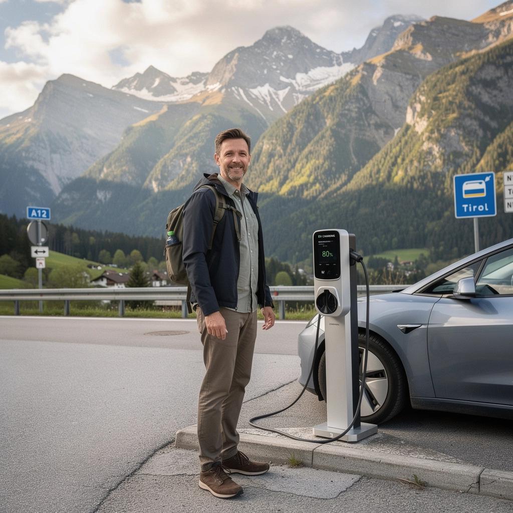 Ladestation für Elektrofahrzeuge mit Blick auf die majestätischen Alpen.