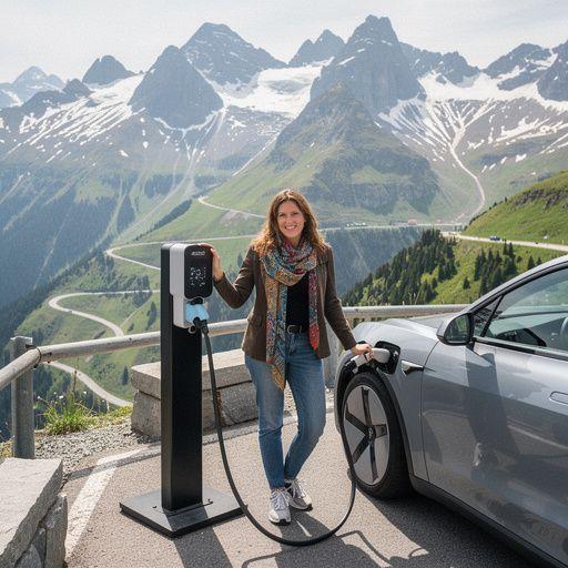 Malersicher Bergpass mit einer modernen Ladestation für Elektroautos.