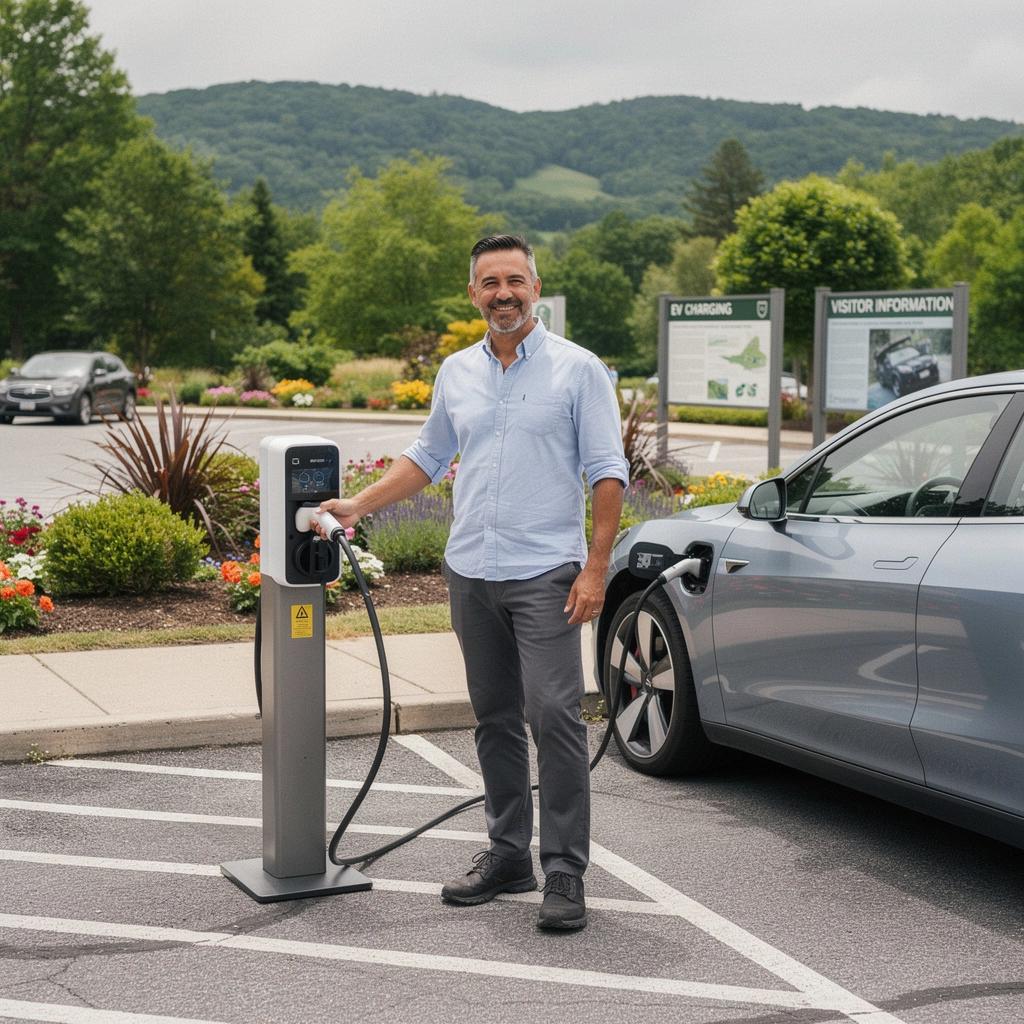 Touristen genießen die Landschaft während sie ihr Elektrofahrzeug aufladen.